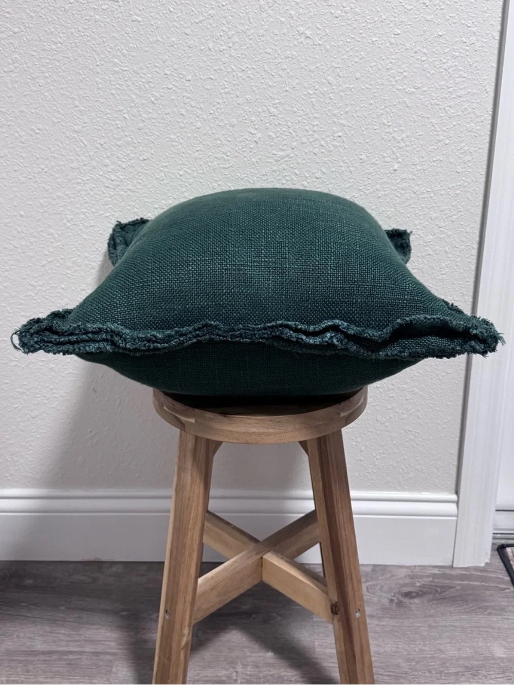 Anthropologie Luxe Emerald Green Linen Blend Pillow Cover 18x18 Fringed Edge